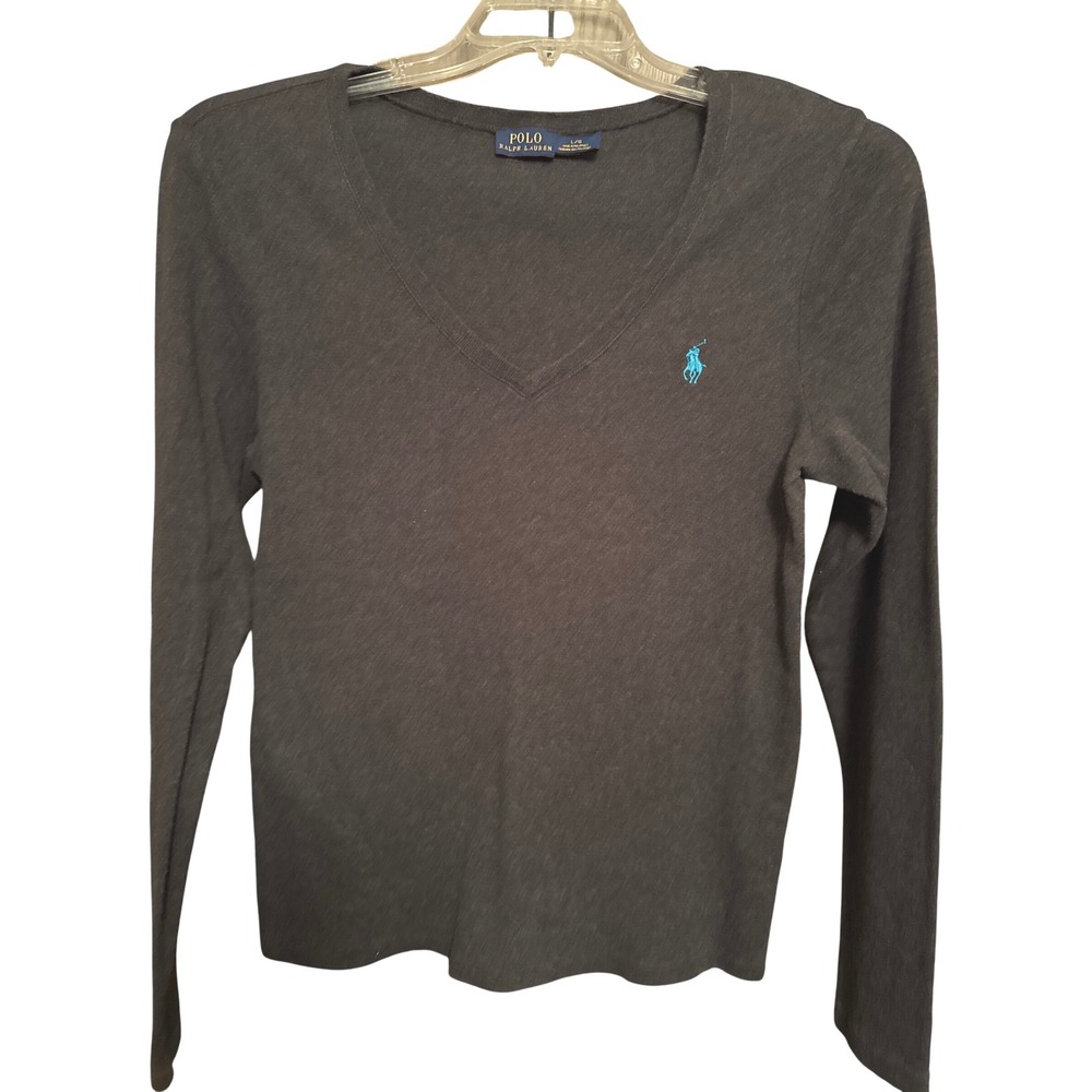 Polo Ralph Lauren Womens Long Sleeve V Neck T Shirt Gray Pony Logo Size Large